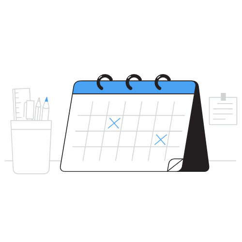 The image depicts a digital illustration of a calendar, accompanied by a pen holder and a piece of paper with writing on it.The calendar is positioned centrally in the image, featuring a white background with a blue header at the top. It has two black rings attached to the top, allowing it to be hung on a wall or placed on a desk.
  * The calendar displays a grid pattern with gray lines, indicating the days of the week and the dates within each month.
  * Two blue X's are marked on the calendar, one on the 10th and another on the 15th, suggesting that these dates may be significant or important.
  * To the left of the calendar, a white pen holder is visible, containing three pens and a pencil. The pens are arranged in a row, with the pencil placed behind them.
  * The pen holder appears to be made of plastic or metal, and its rectangular shape allows it to hold multiple writing instruments.
  * On the right side of the image, a piece of paper with writing on it is visible. The paper is white and features several lines of text, although the content is not legible due to the low resolution of the image.
  * The paper appears to be