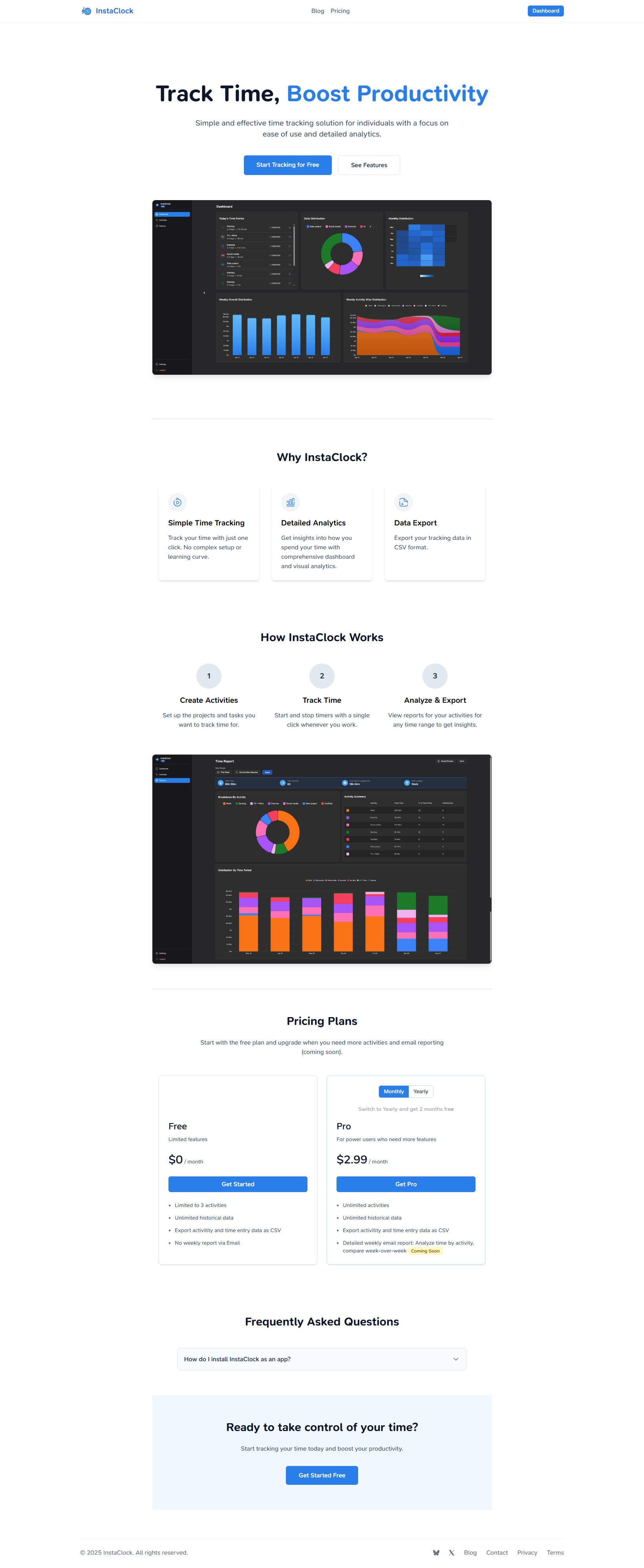 The image presents a screenshot of the InstaClock website, showcasing its features and pricing plans. The page is divided into sections, each highlighting a different aspect of the service.