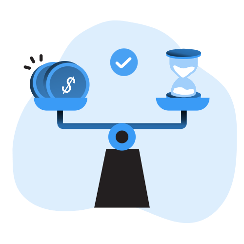 The image depicts a blue scale with two objects on either side, set against a black background. The scale is centered in the image and features a black base and a blue arm that extends outwards. On the left side of the scale, there is a blue coin with a white dollar sign in the center. On the right side of the scale, there is an hourglass filled with white sand. Above the scale, there is a white checkmark symbol. The overall design of the image suggests that it may be used to represent a comparison or balance between two different things, such as money and time.