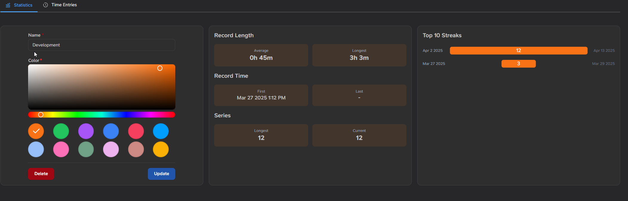 Statistics view which shows editing activity, records and streaks